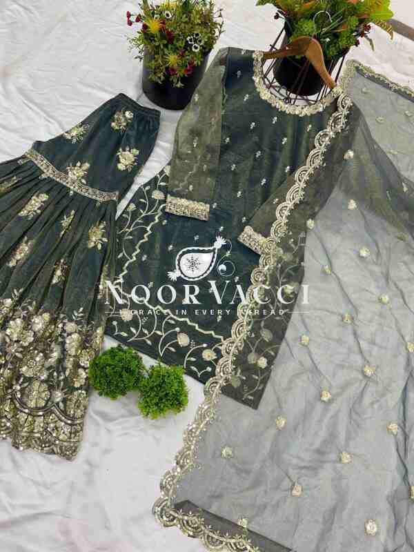 Twill Net Heavy Embroidered Top-Plazzo Set with Dupatta - Image 2