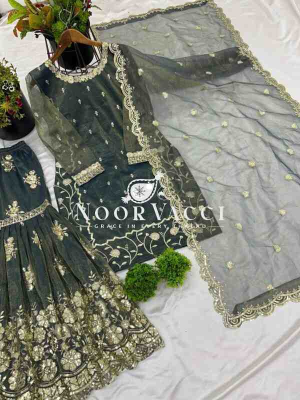 Twill Net Heavy Embroidered Top-Plazzo Set with Dupatta - Image 4