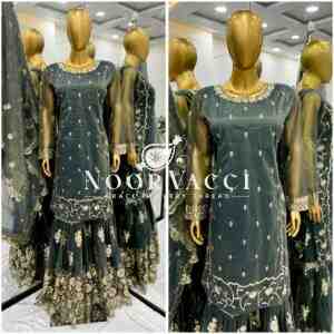 Twill Net Heavy Embroidered Top-Plazzo Set with Dupatta