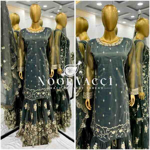 Twill Net Heavy Embroidered Top-Plazzo Set with Dupatta