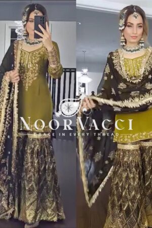 Shop Elegant Chinnon Silk Embroidered Sharara Suit Set with Fancy Borders