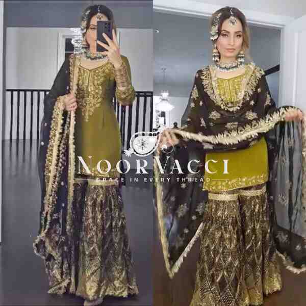 Elegant Chinnon Silk Embroidered Sharara Suit Set with Fancy Borders