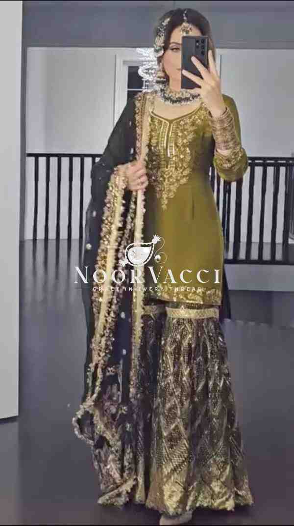 Elegant Chinnon Silk Embroidered Sharara Suit Set with Fancy Borders - Image 2