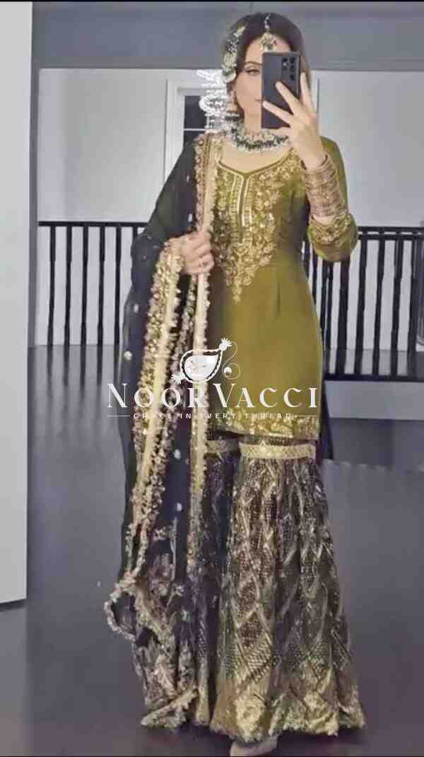 Elegant Chinnon Silk Embroidered Sharara Suit Set with Fancy Borders - Image 3