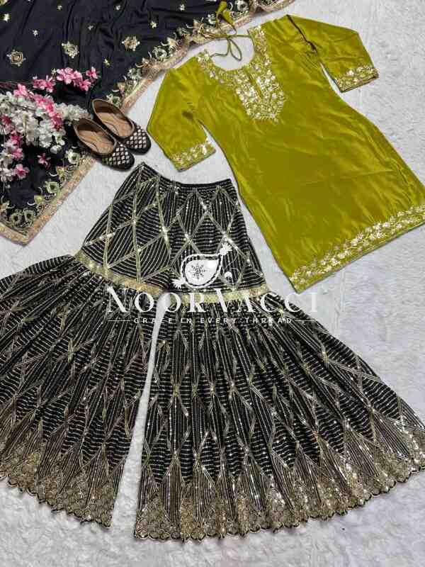 Elegant Chinnon Silk Embroidered Sharara Suit Set with Fancy Borders - Image 5