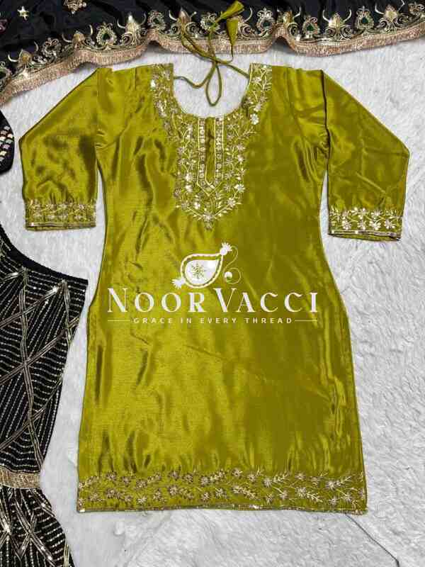 Elegant Chinnon Silk Embroidered Sharara Suit Set with Fancy Borders - Image 6
