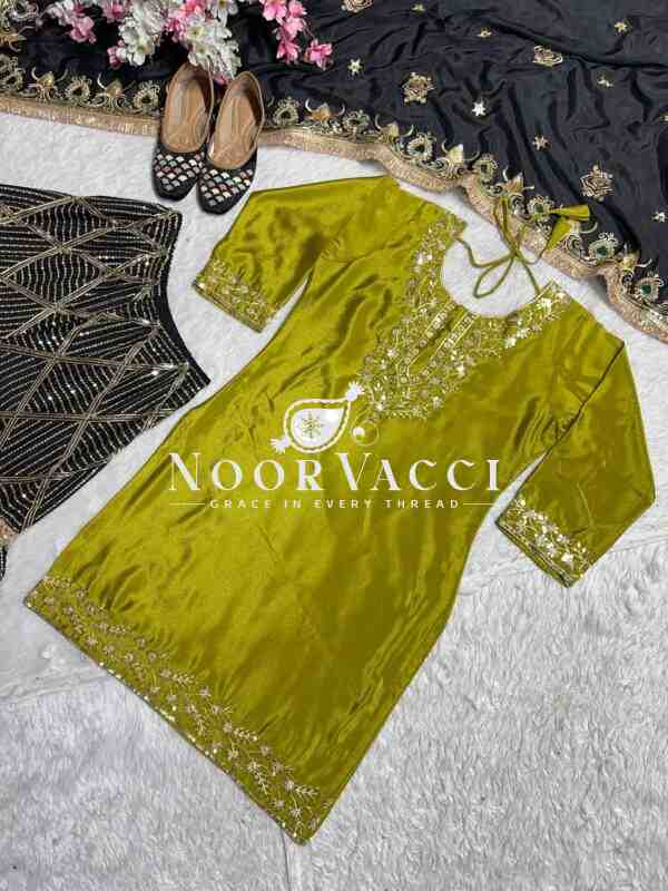 Elegant Chinnon Silk Embroidered Sharara Suit Set with Fancy Borders - Image 7
