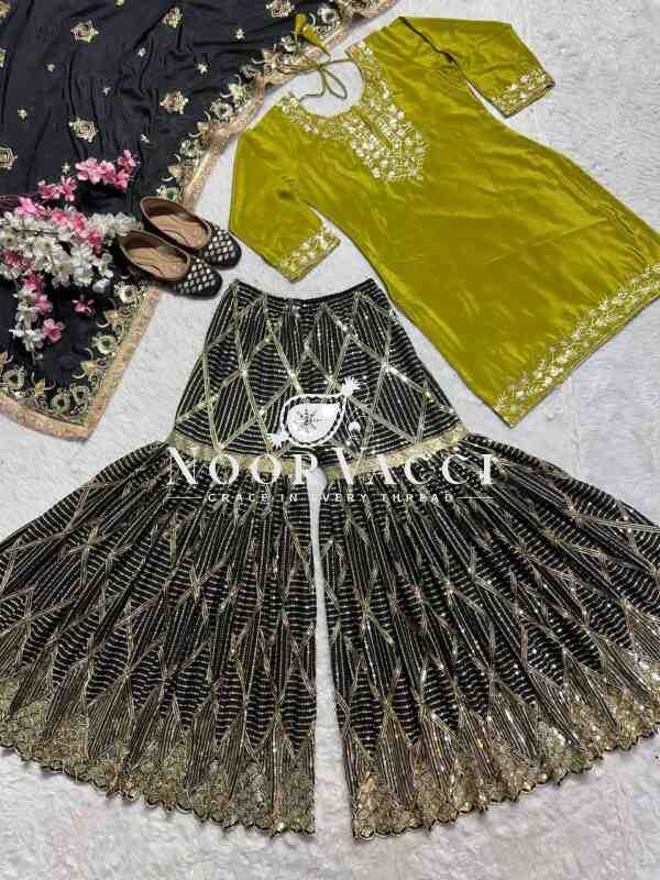 Elegant Chinnon Silk Embroidered Sharara Suit Set with Fancy Borders - Image 8