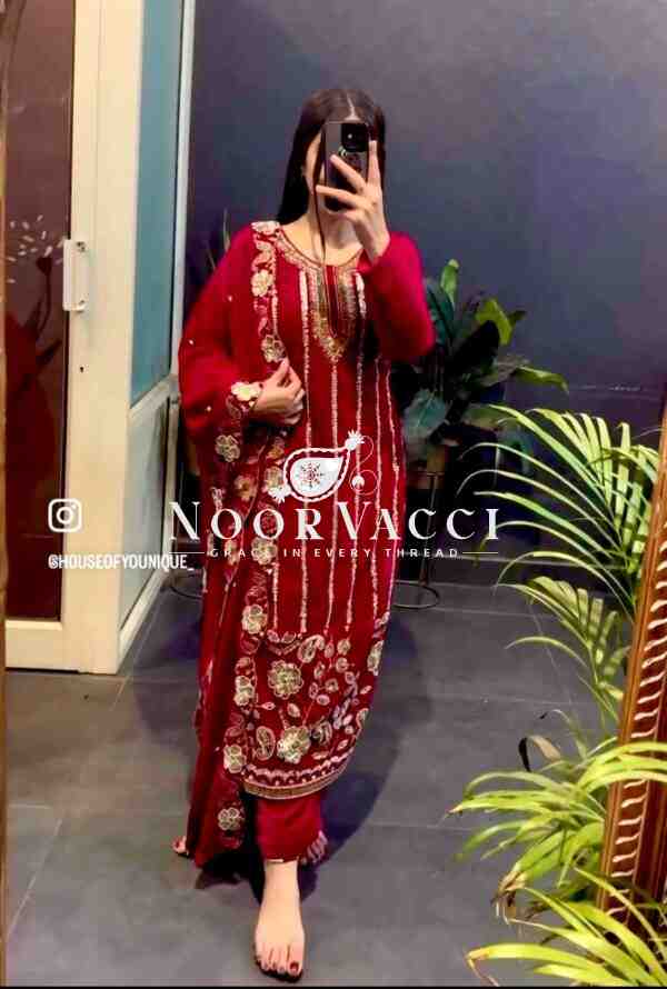 Pure Velvet Embroidered Top-Pant Set with Dupatta - Image 2