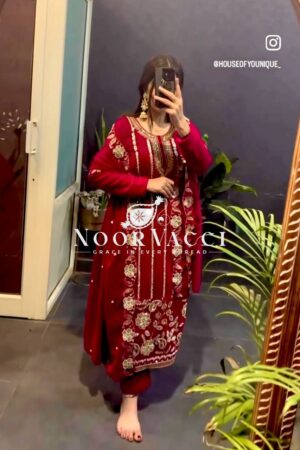Buy Pure Velvet Embroidered Top-Pant Set with Dupatta