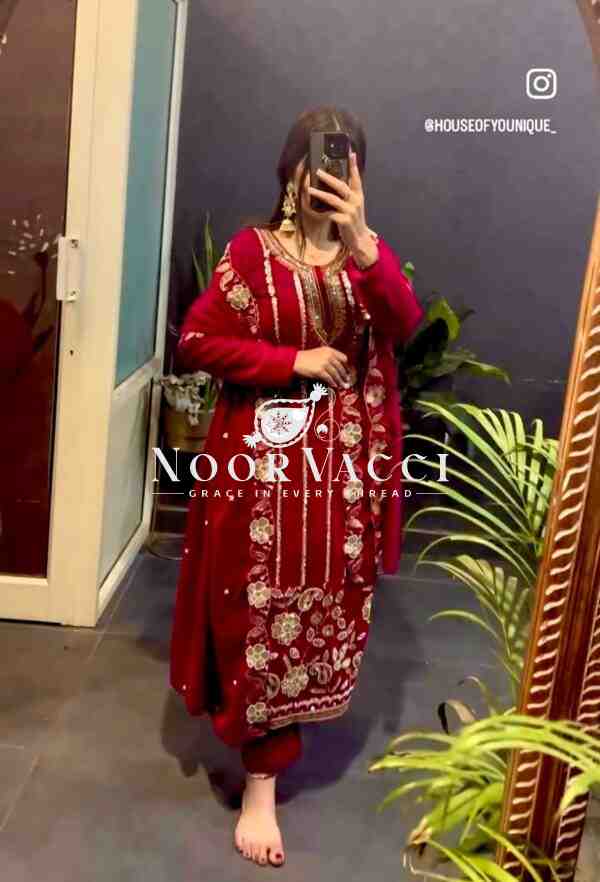 Pure Velvet Embroidered Top-Pant Set with Dupatta
