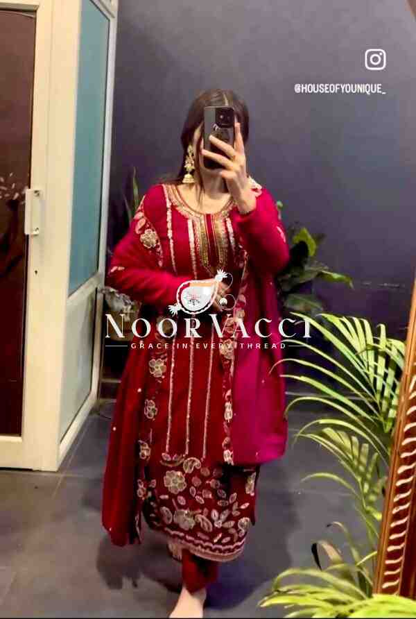 Pure Velvet Embroidered Top-Pant Set with Dupatta - Image 4