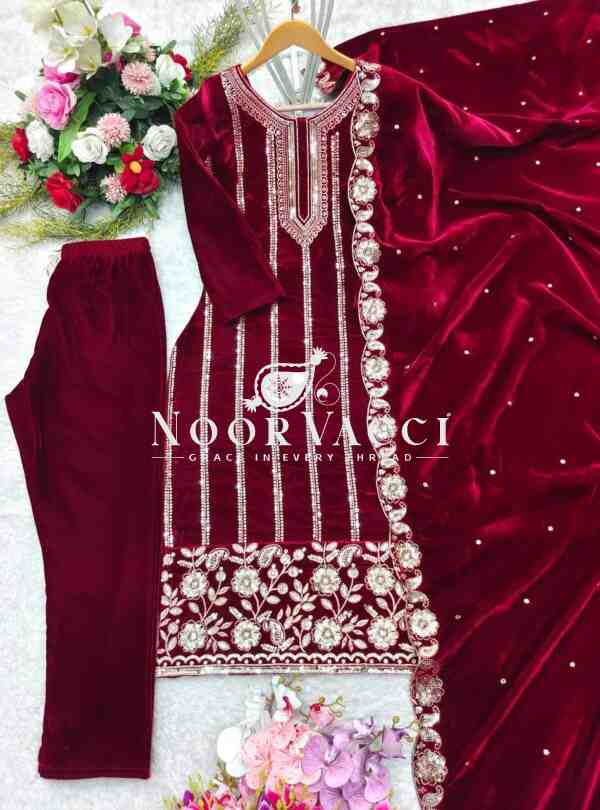 Pure Velvet Embroidered Top-Pant Set with Dupatta - Image 7
