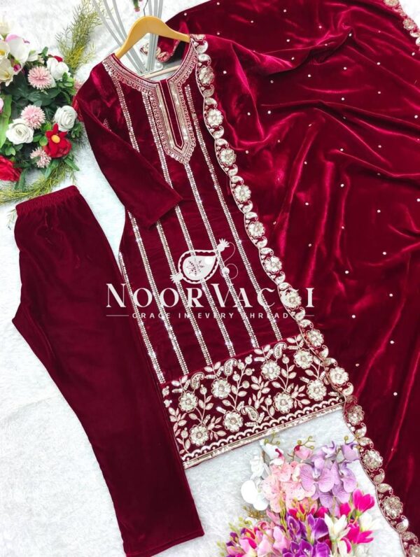 Buy Pure Velvet Embroidered Top-Pant Set with Dupatta - Image 6
