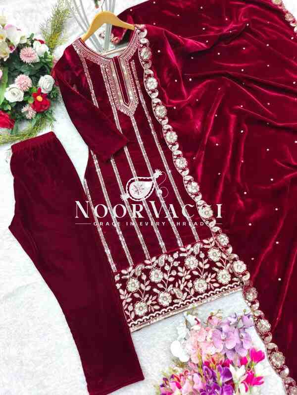 Pure Velvet Embroidered Top-Pant Set with Dupatta - Image 6