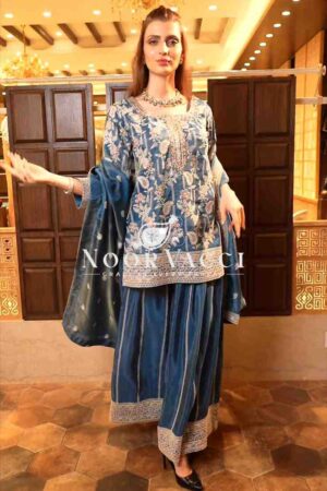 Buy Chinon Silk Embroidered Plazzo Suit Set with Dupatta – Party & Occasion Wear