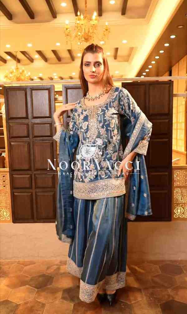 Chinon Silk Embroidered Plazzo Suit Set with Dupatta – Party & Occasion Wear - Image 2
