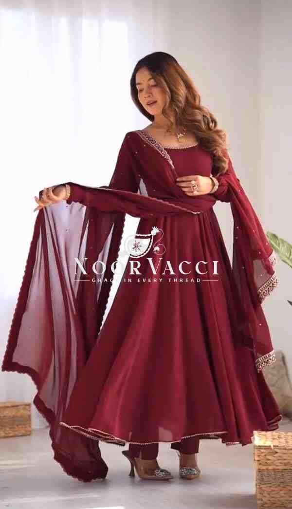 Faux Georgette Embroidered Gown with Dupatta & Pant – Designer Party Wear Set - Image 4
