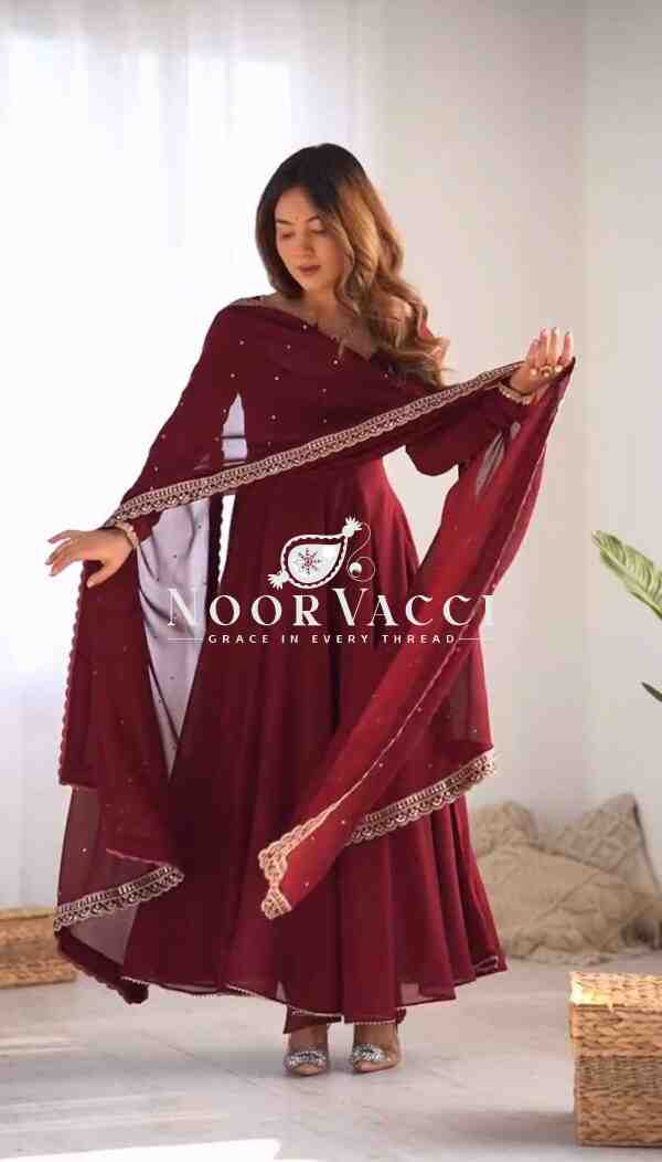 Faux Georgette Embroidered Gown with Dupatta & Pant – Designer Party Wear Set - Image 3