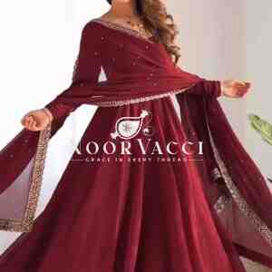 Faux Georgette Embroidered Gown with Dupatta & Pant – Designer Party Wear Set