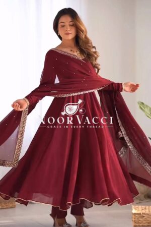 Buy Faux Georgette Embroidered Gown with Dupatta & Pant – Designer Party Wear Set