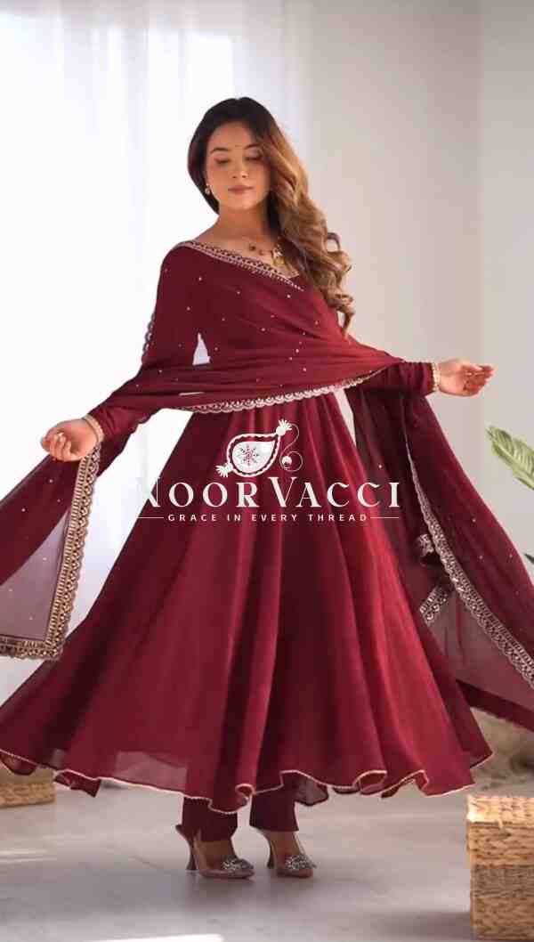 Faux Georgette Embroidered Gown with Dupatta & Pant – Designer Party Wear Set