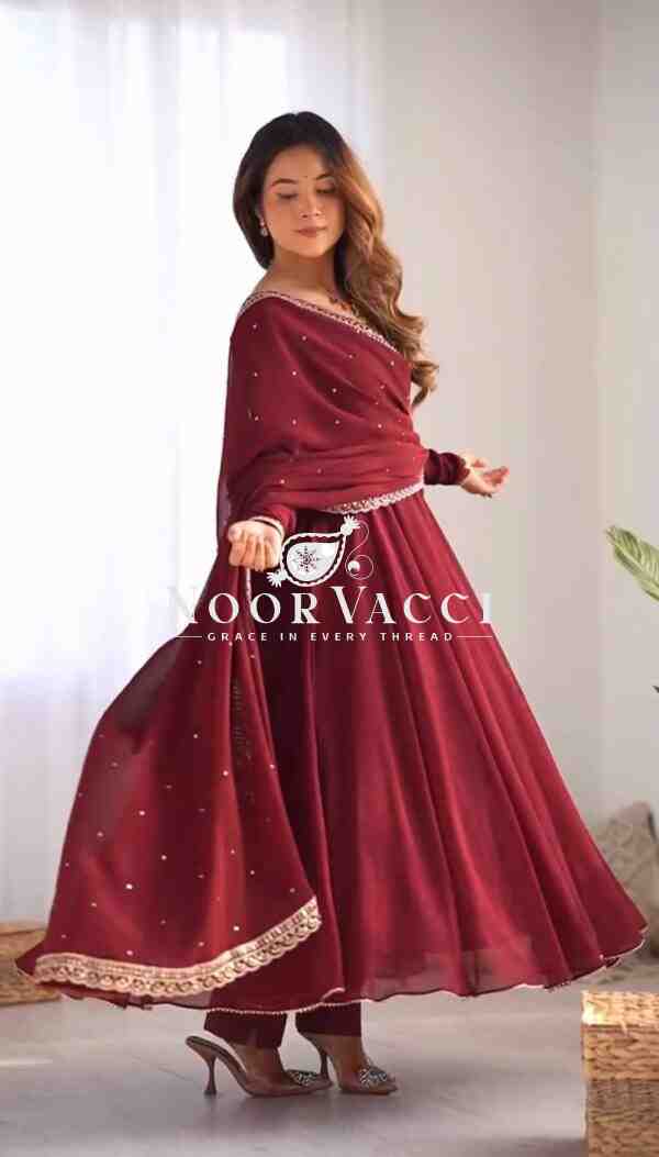 Faux Georgette Embroidered Gown with Dupatta & Pant – Designer Party Wear Set - Image 2