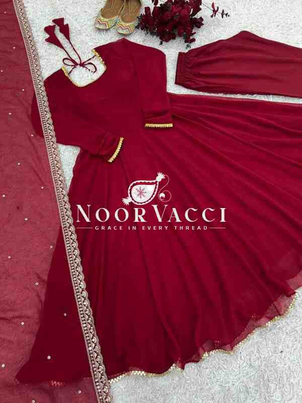 Faux Georgette Embroidered Gown with Dupatta & Pant – Designer Party Wear Set - Image 7
