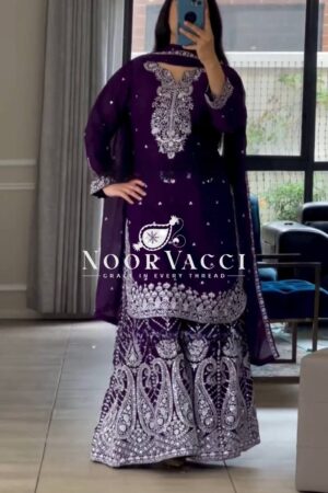 Buy Premium Chinnon Silk Embroidered Sharara Set with Dupatta – Party & Wedding Wear