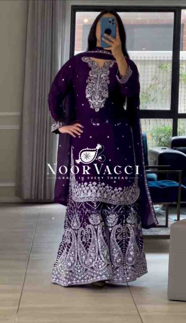 Premium Chinnon Silk Embroidered Sharara Set with Dupatta – Party & Wedding Wear