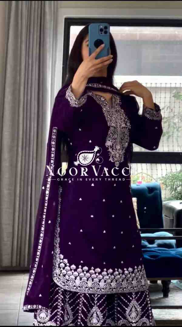 Premium Chinnon Silk Embroidered Sharara Set with Dupatta – Party & Wedding Wear - Image 4