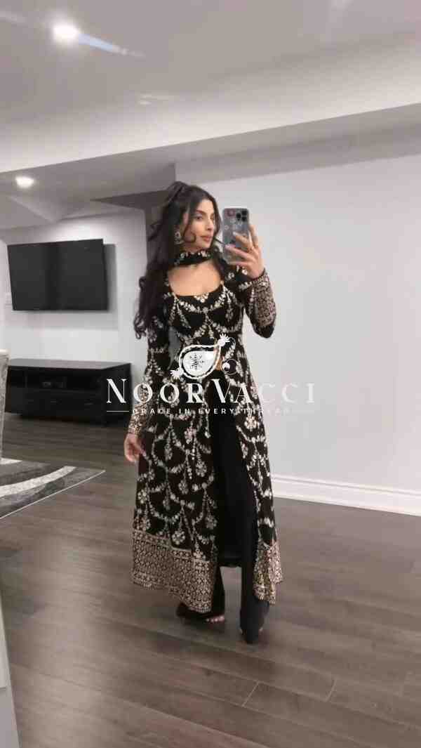 Faux Georgette Embroidered Suit with All-Over Thread Work