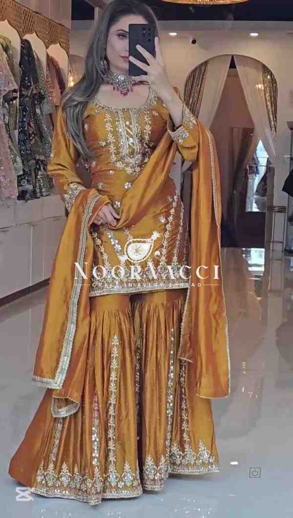 Faux Georgette Heavy Embroidered Top-Gharara Set with Dupatta - Image 3