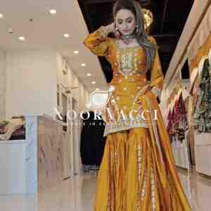 Faux Georgette Heavy Embroidered Top-Gharara Set with Dupatta