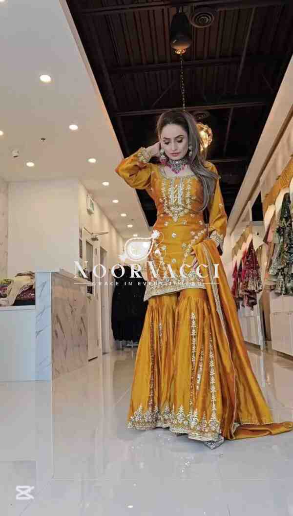 Faux Georgette Heavy Embroidered Top-Gharara Set with Dupatta