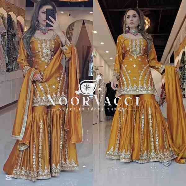 Faux Georgette Heavy Embroidered Top-Gharara Set with Dupatta - Image 2