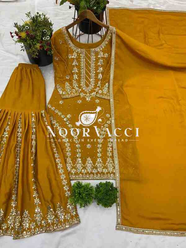 Faux Georgette Heavy Embroidered Top-Gharara Set with Dupatta - Image 9
