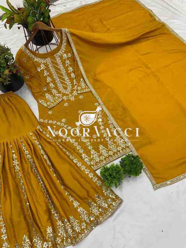 Faux Georgette Heavy Embroidered Top-Gharara Set with Dupatta - Image 7