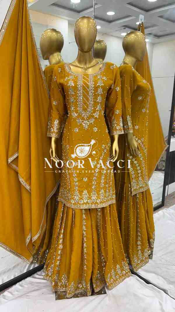 Faux Georgette Heavy Embroidered Top-Gharara Set with Dupatta - Image 5