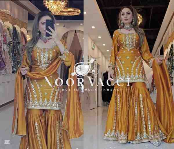 Gorgeous Chinnon Silk Top-Plazzo Set with Fancy Embroidery & Latkan Dori - Image 2