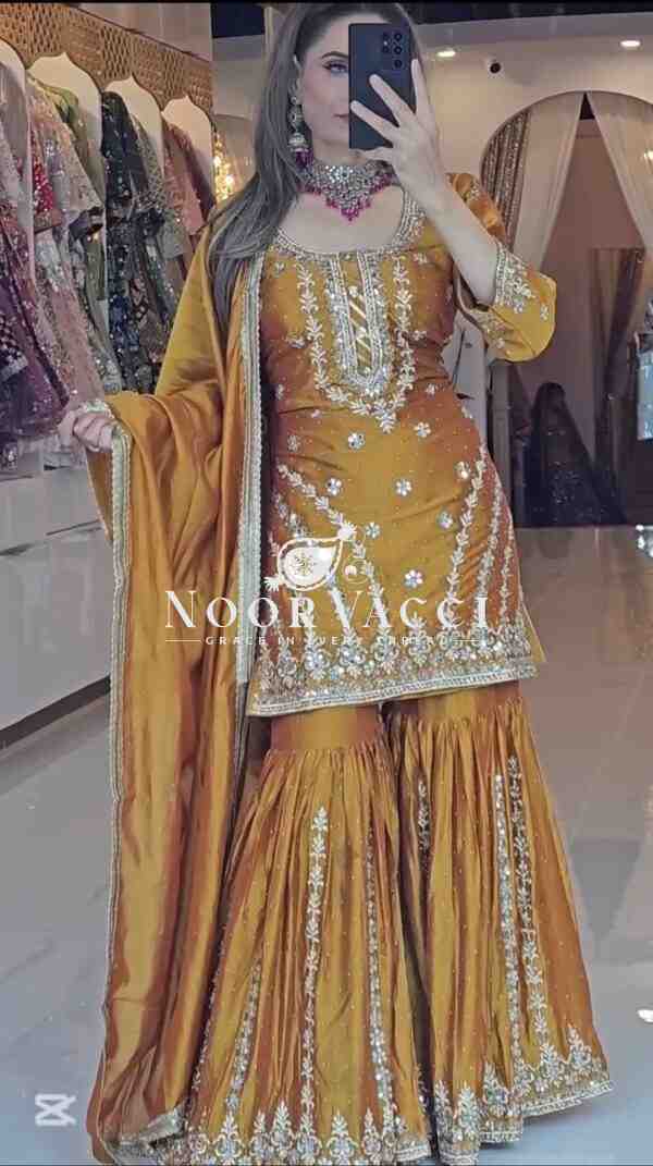 Gorgeous Chinnon Silk Top-Plazzo Set with Fancy Embroidery & Latkan Dori - Image 3