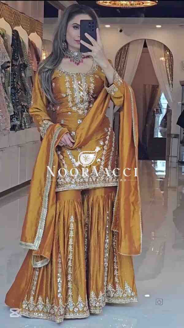 Gorgeous Chinnon Silk Top-Plazzo Set with Fancy Embroidery & Latkan Dori - Image 4