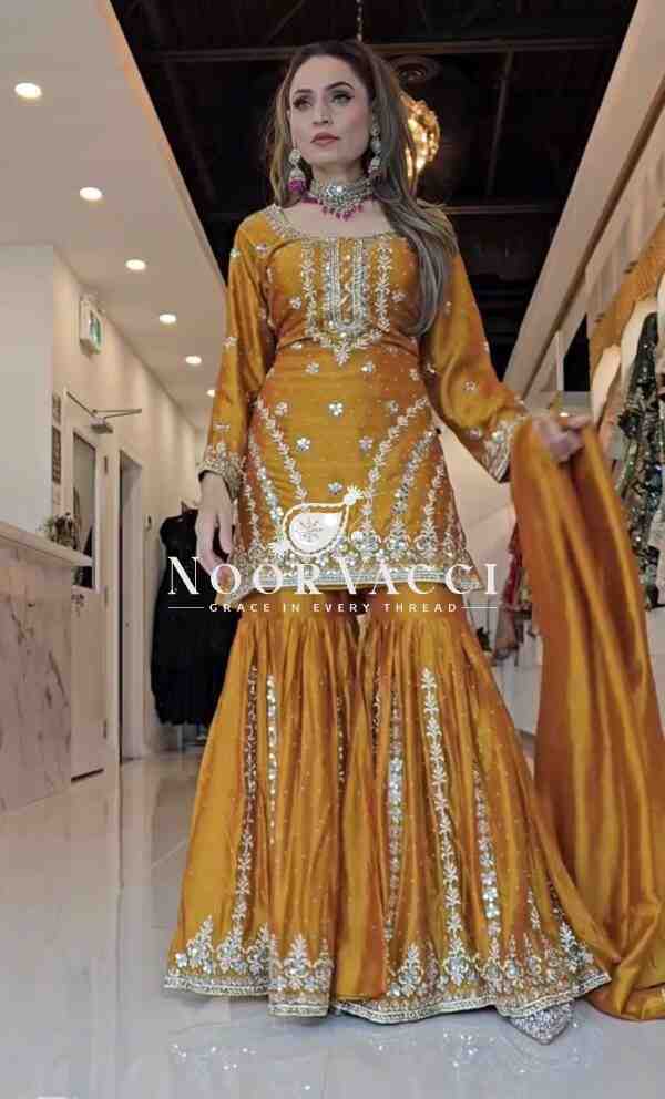 Gorgeous Chinnon Silk Top-Plazzo Set with Fancy Embroidery & Latkan Dori