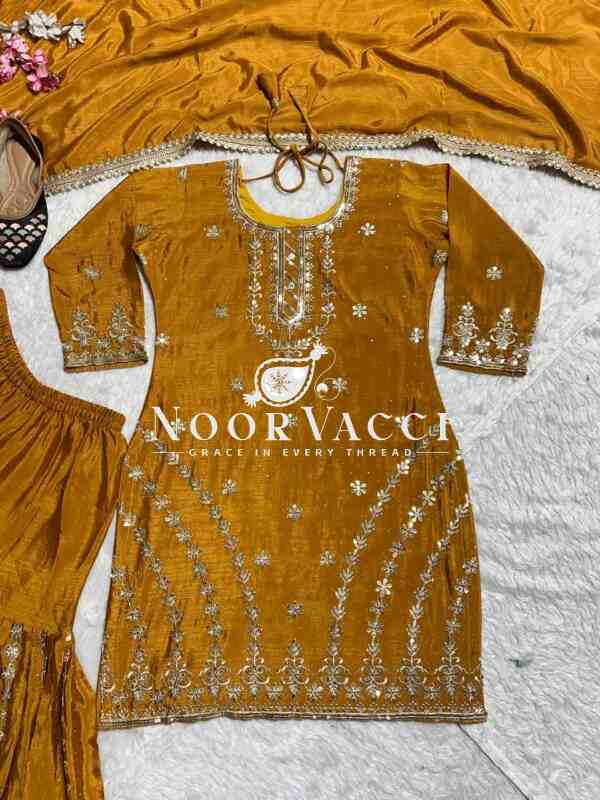 Gorgeous Chinnon Silk Top-Plazzo Set with Fancy Embroidery & Latkan Dori - Image 9