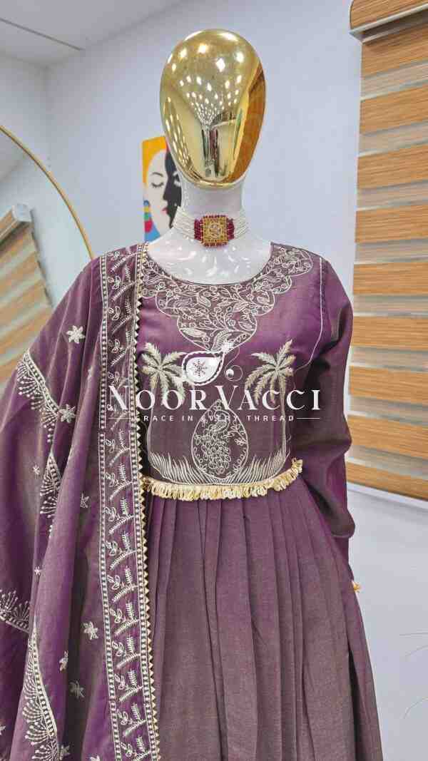 Roman Chimar Silk Gown with Palazzo & Dupatta – Designer Embroidered Party Set - Image 2