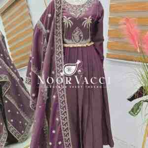 Roman Chimar Silk Gown with Palazzo & Dupatta – Designer Embroidered Party Set