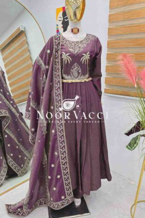 Buy Roman Chimar Silk Designer Embroidered Party Set Gown with Palazzo & Dupatta