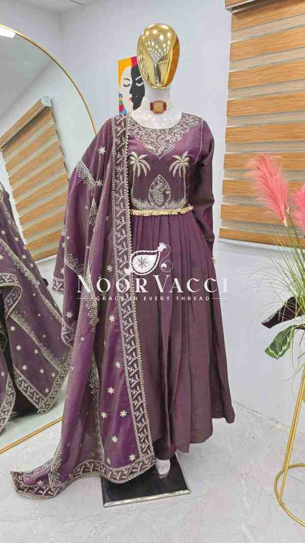 Roman Chimar Silk Gown with Palazzo & Dupatta – Designer Embroidered Party Set