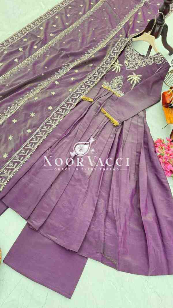 Roman Chimar Silk Gown with Palazzo & Dupatta – Designer Embroidered Party Set - Image 4