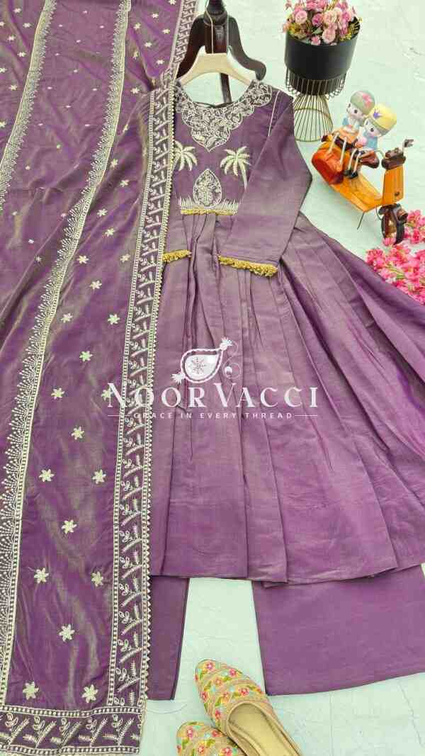 Roman Chimar Silk Gown with Palazzo & Dupatta – Designer Embroidered Party Set - Image 5